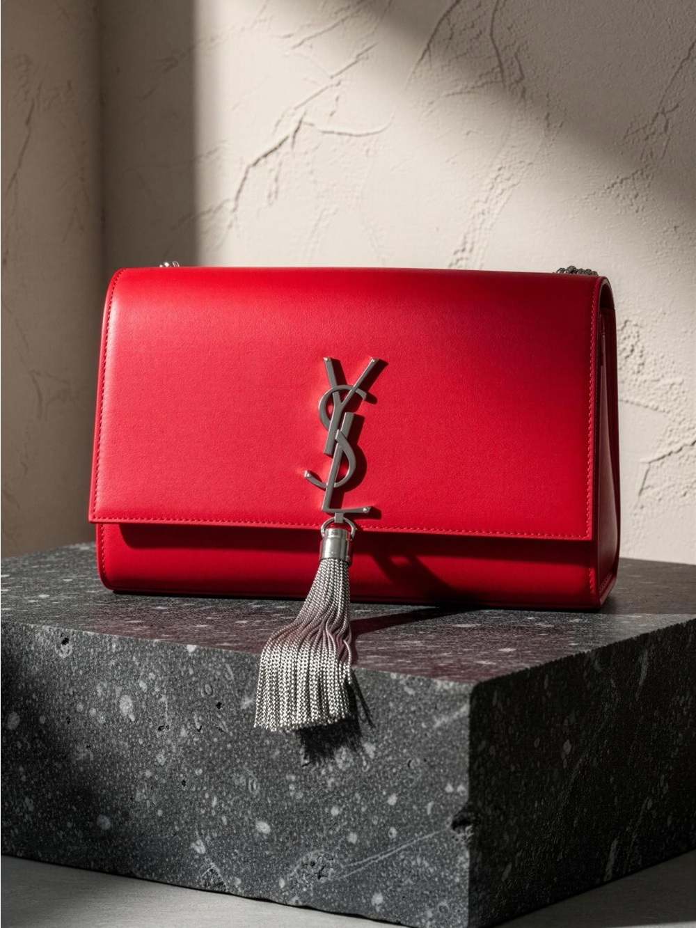 Saint Laurent Red Leather Monogram Tassel Shoulder Bag in Excellent Condition